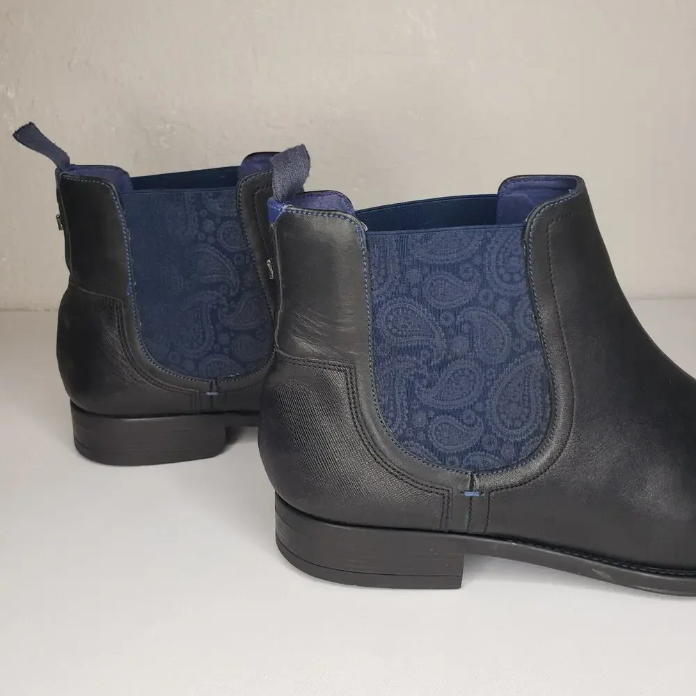 Ted Baker London Black Leather Chelsea Boots with Navy Elastic Panels